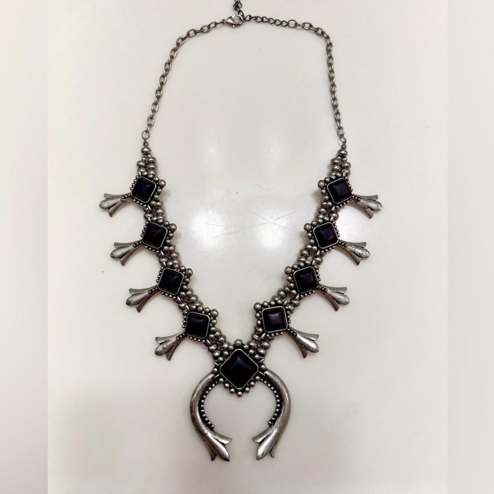 Faux Black Squash Blossom Western Statement Necklace